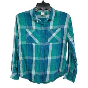 Arizona Jean Co Girl’s Green Pink Cotton Modal Plaid Button Front Top XL 16